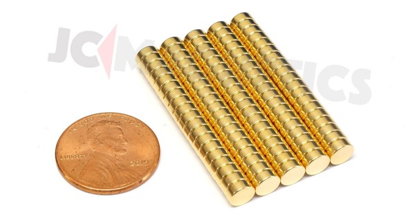 5mm x 2mm 3/16in x 1/16in N52 Gold Plated Discs Rare Earth Neodymium Magnet  5x2mm
