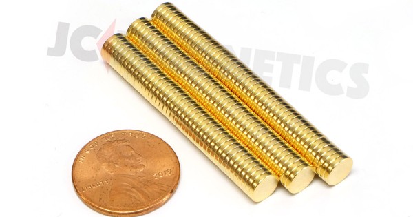 6mm X 1mm N52 Gold Plated neodymium thin magnets round discs 1/4in