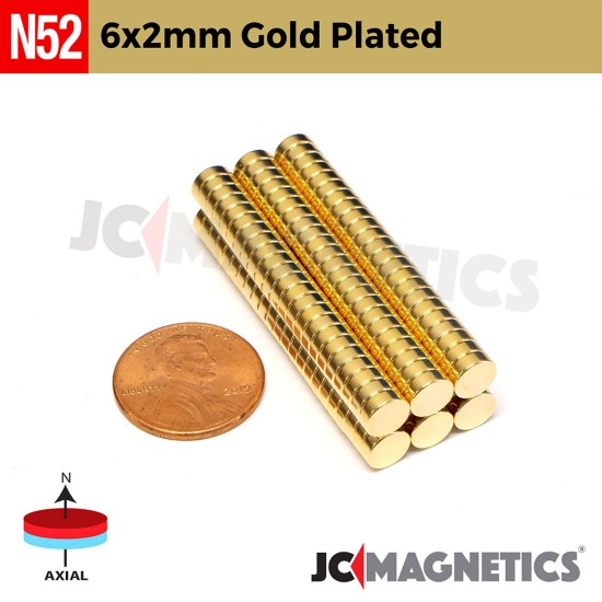 6mm x 2mm 15/64in x 5/64in N52 Gold Plated Discs Rare Earth Neodymium Magnet 6x2mm