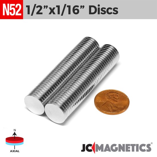 1/2in x 1/16in N52 Rare Earth Neodymium Magnet Discs 12.7x1.58mm