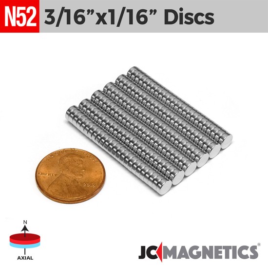 3/16in x 1/16in N52 Discs Rare Earth Neodymium Magnet