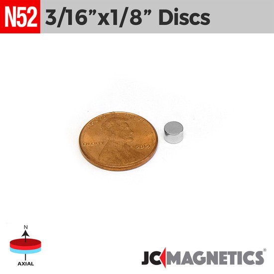 3/16in x 1/8in N52 Discs Rare Earth Neodymium Magnet