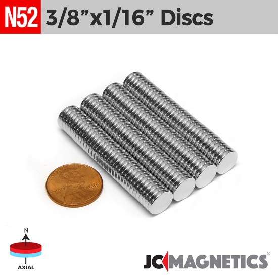 3/8in x 1/16in N52 Discs Rare Earth Neodymium Magnet