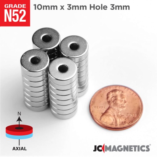 50pcs 10mm x 3mm x Hole 3mm N52 Ring Rare Earth Neodymium Magnet 