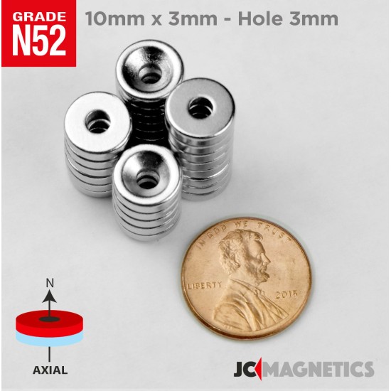 10mm x 3mm x Hole 3mm N52 Countersunk Ring Rare Earth Neodymium Magnet 