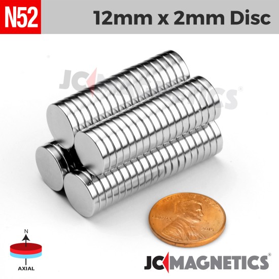 12mm x 2mm 1/2in x 5/64in N52 Discs Rare Earth Neodymium Magnet 12x2mm