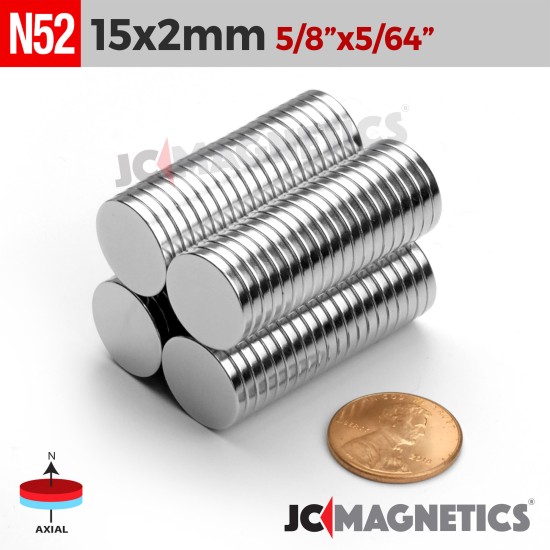 15mm x 2mm 5/8in x 5/64in N52 Discs Rare Earth Neodymium Magnet 15x2mm