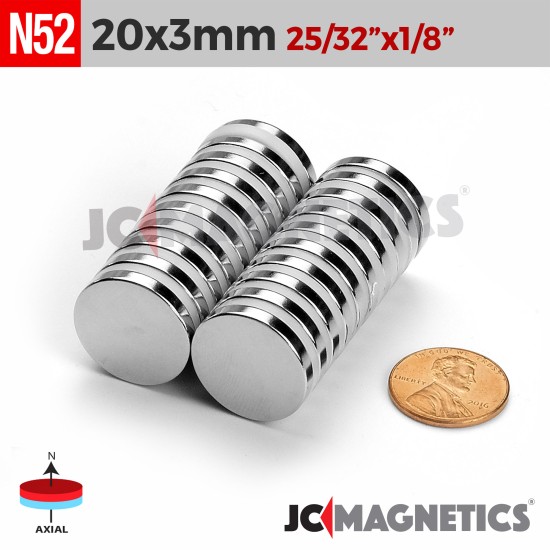 20mm x 3mm 25/32in x 1/8in N52 Discs Rare Earth Neodymium Magnet 20x3mm