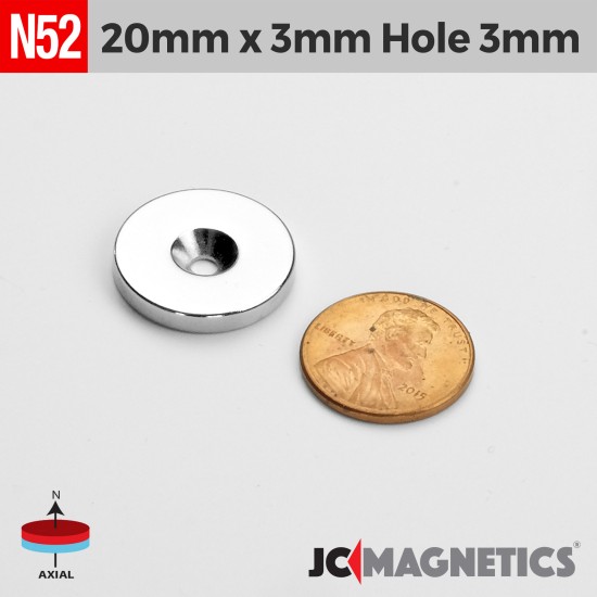 20mm x 3mm x Hole 3mm N52 Countersunk Ring Rare Earth Neodymium Magnet 
