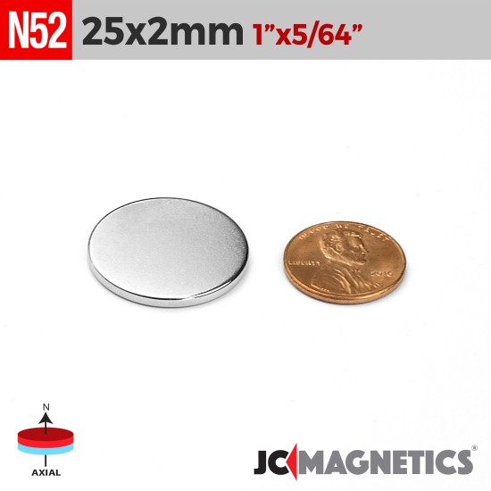 25mm x 2mm 63/64in x 5/64in N52 Discs Rare Earth Neodymium Magnet 25x2mm