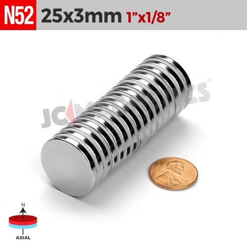 25mm x 3mm 1in x 1/8in N52 Discs Rare Earth Neodymium Magnet 25x3mm