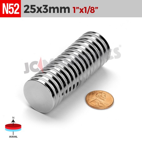 25mm x 3mm 63/64in x 1/8in N52 Discs Rare Earth Neodymium Magnet 25x3mm