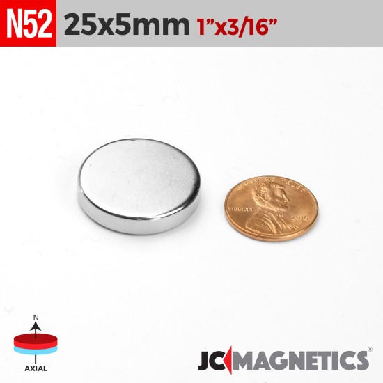 25mm x 5mm 1in x 3/16in N52 Discs Rare Earth Neodymium Magnet 25x5mm