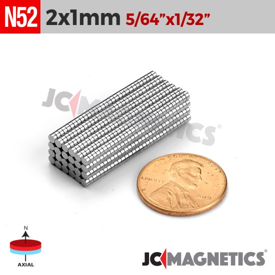 100pcs 2mm x 1mm 5/64in x 1/32in N52 Thin Discs Rare Earth Neodymium Magnets  2x1mm