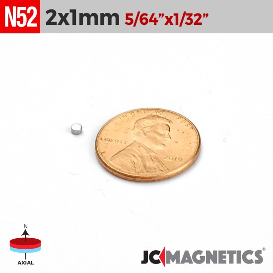 100pcs 2mm x 1mm 5/64in x 1/32in N52 Thin Discs Rare Earth Neodymium Magnets  2x1mm