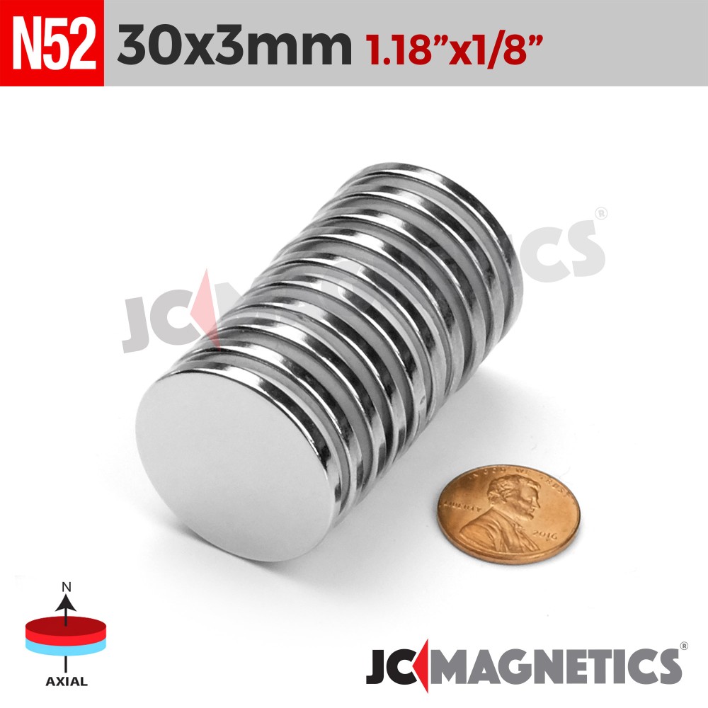 30mm X 3mm N52 neodymium round discs 1 3/16in x 1/8