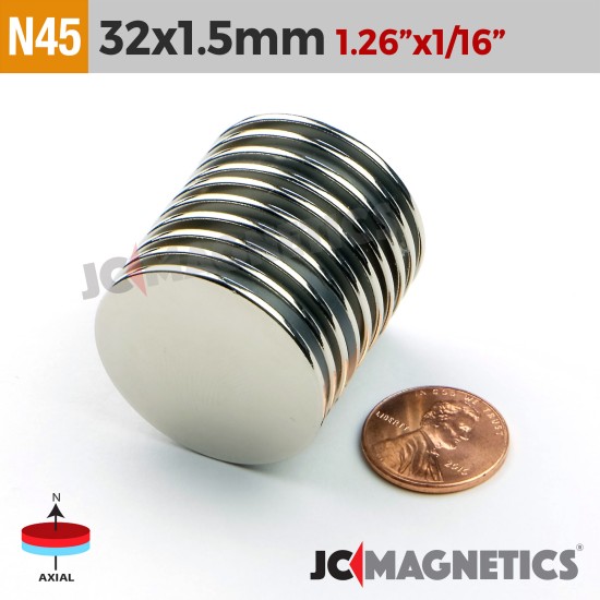 32mm x 1.5mm - 1.26in x 1/16in N45 Round Discs Rare Earth Neodymium Magnet 32x1.5mm