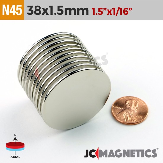 25pcs 38mm x 1.5mm - 1.5in x 1/16in N45 Round Discs Rare Earth Neodymium Magnet 38x1.5mm