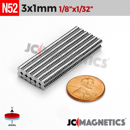 100pcs 3mm x 1mm 1/8in x 1/32in N52 Thin Discs Rare Earth Neodymium Magnets 3x1mm