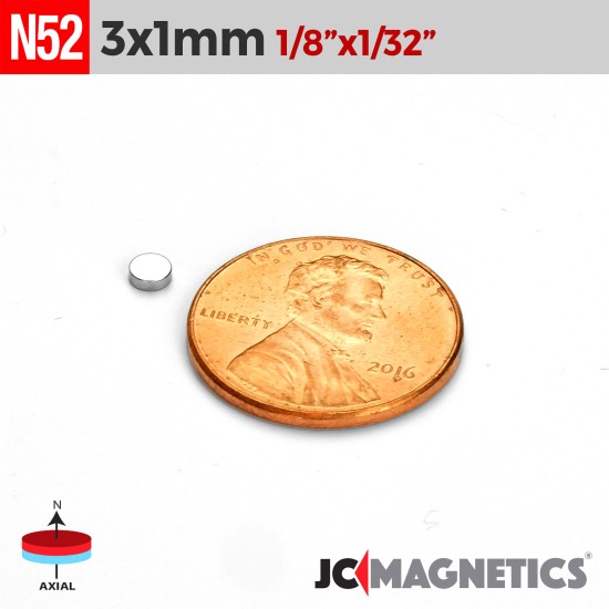 100pcs 3mm x 1mm 1/8in x 1/32in N52 Thin Discs Rare Earth Neodymium Magnets 3x1mm