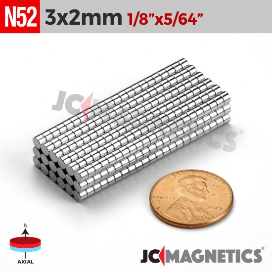 3mm x 2mm 1/8in x 5/64in N52 Disc Rare Earth Neodymium Magnets 3x2mm