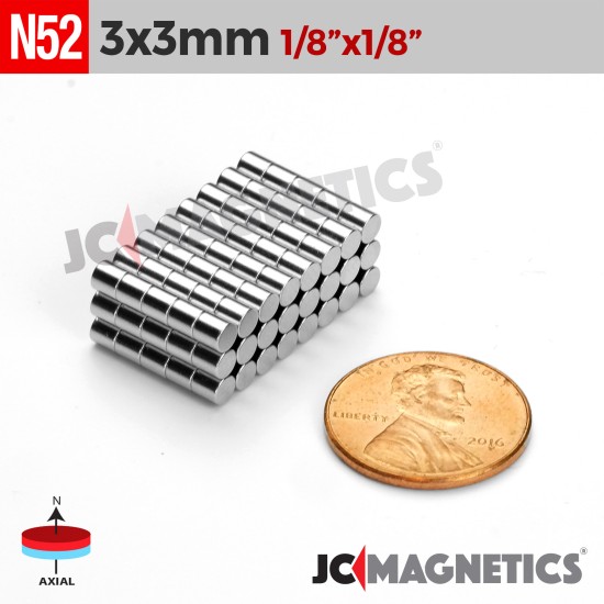 3mm x 3mm 1/8in x 1/8in N52 Cylinder Disc Rare Earth Neodymium Magnets 3x3mm