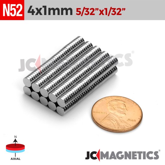 100pcs 4mm x 1mm 5/32" x 1/32" N52 Thin Discs Rare Earth Neodymium Magnets 4x1mm