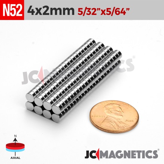 4mm x 2mm 5/32" x 5/64" N52 Rare Earth Neodymium Magnet Discs 4x2mm