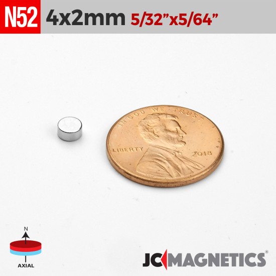 4mm x 2mm 5/32" x 5/64" N52 Rare Earth Neodymium Magnet Discs 4x2mm