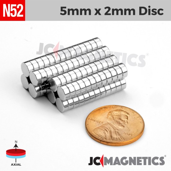 5mm x 2mm 13/64in x 5/64in N52 Discs Rare Earth Neodymium Magnet 5x2mm