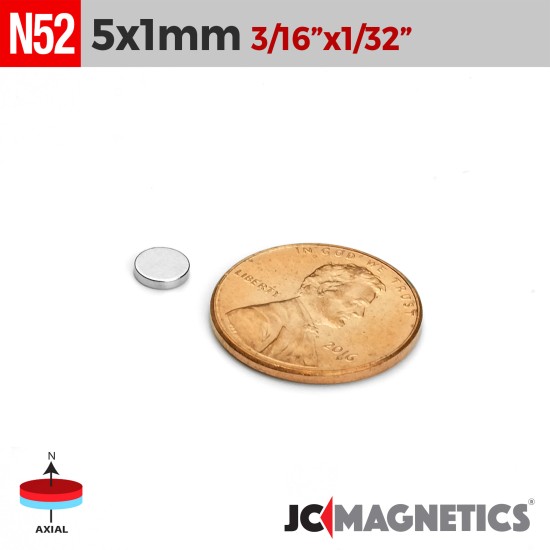 100pcs N52 5mm x 1mm 13/64in x 1/32in Thin Discs Rare Earth Neodymium Magnet 5x1mm