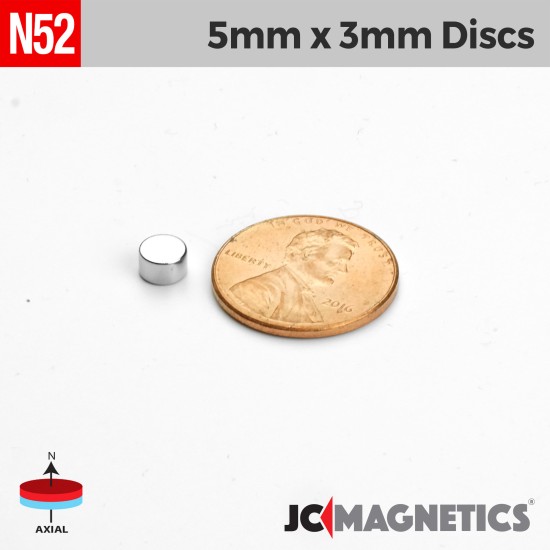 5mm x 3mm 13/64in x 1/8in N52 Discs Rare Earth Neodymium Magnet 5x3mm