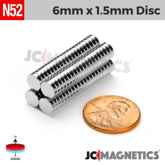 6mm X 1.5mm N52 neodymium thin magnets round discs 1/4in