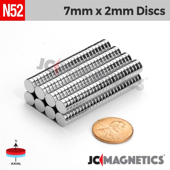 7mm x 2mm 9/32in x 5/64in N52 Discs Rare Earth Neodymium Magnet 7x2mm