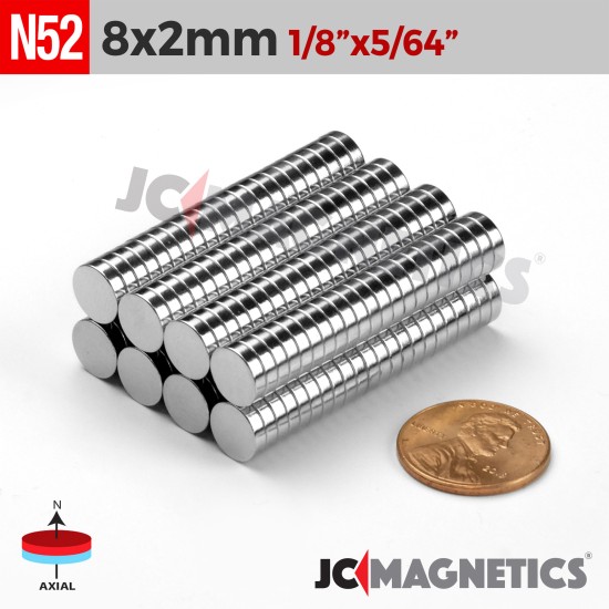 8mm x 2mm 5/16in x 5/64in N52 Discs Rare Earth Neodymium Magnet 8x2mm