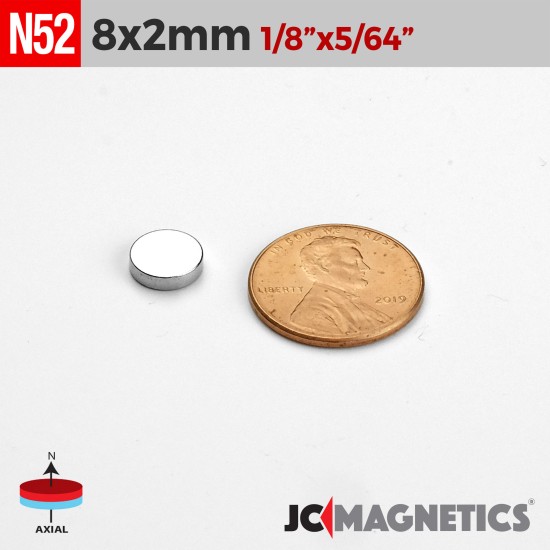 8mm x 2mm 5/16in x 5/64in N52 Discs Rare Earth Neodymium Magnet 8x2mm