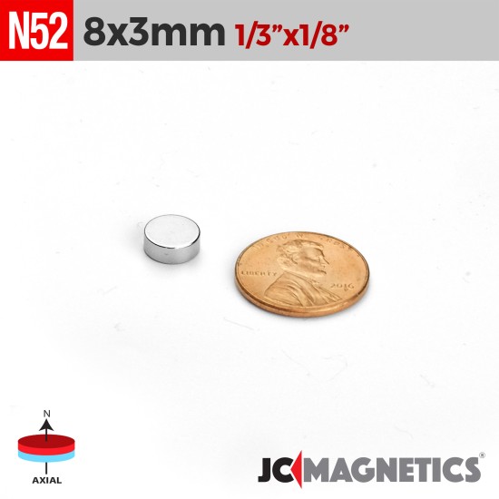 8mm x 3mm 5/16in x 1/8in N52 Discs Rare Earth Neodymium Magnet 8x3mm