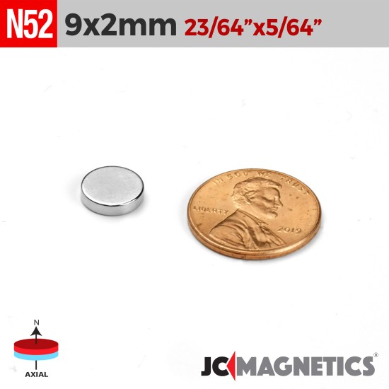 9mm x 2mm 23/64in x 5/64in N52 Discs Rare Earth Neodymium Magnet 9x2mm