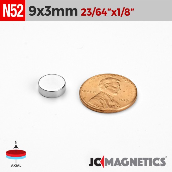 9mm x 3mm 23/64in x 1/8in N52 Discs Rare Earth Neodymium Magnet 9x3mm