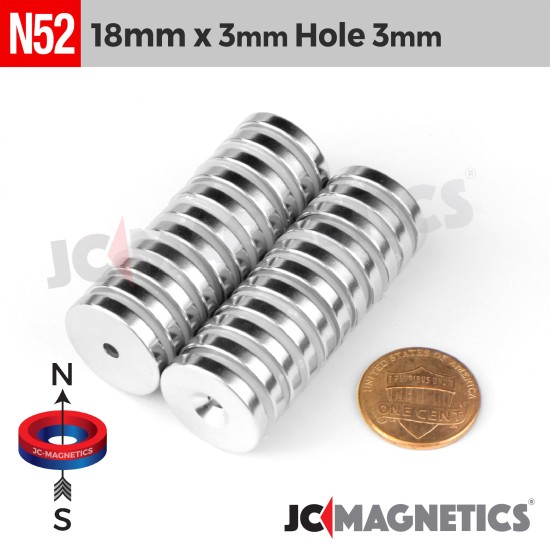 18mm x 3mm x Hole 3mm N52 Countersunk Ring Rare Earth Neodymium Magnet 