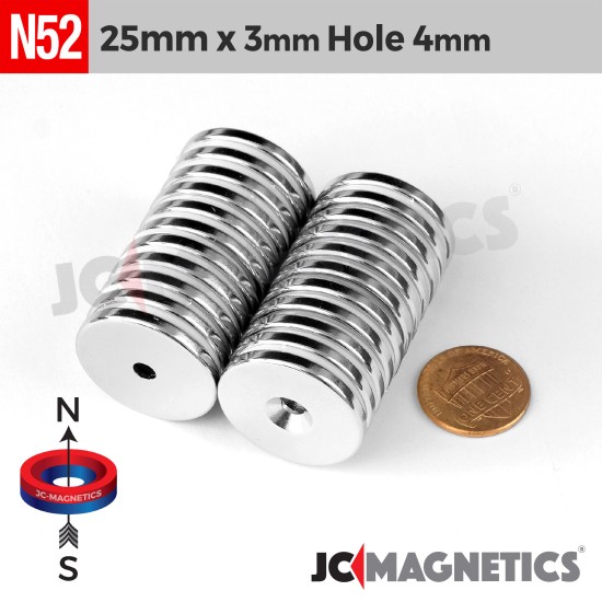 25mm x 3mm x Hole 4mm N52 Countersunk Ring Rare Earth Neodymium Magnet 